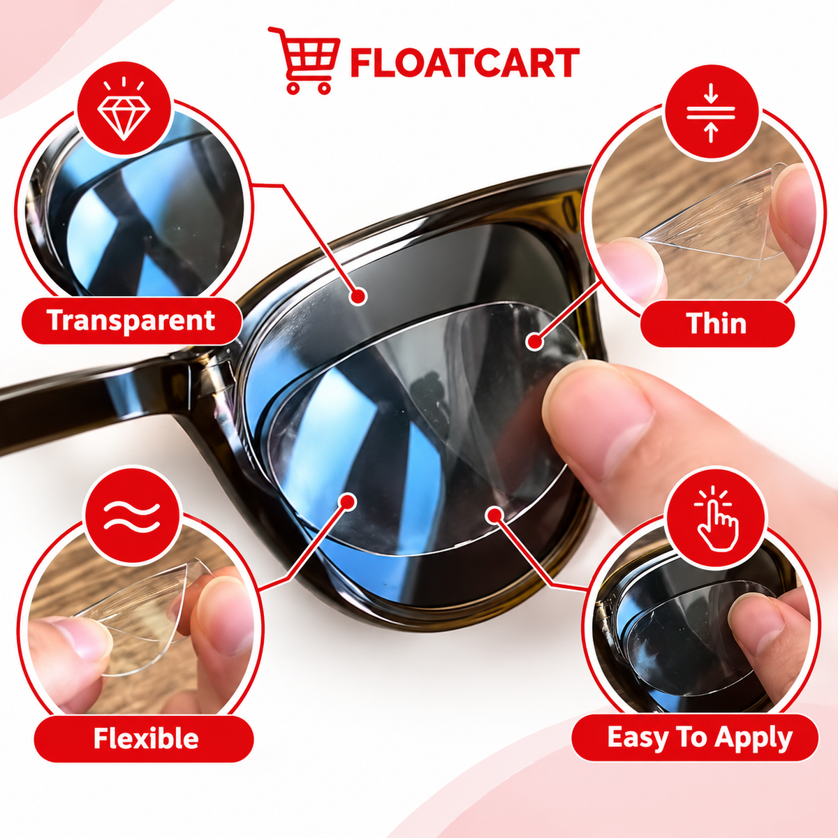 FLOATCART TRANSPARENT STICK-ON SUNGLASSES LENS FILM – PACK OF 2