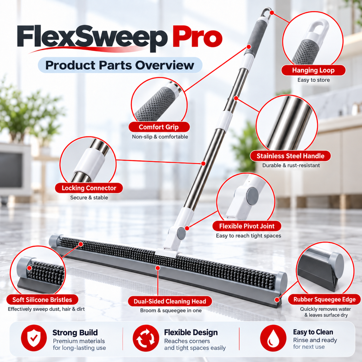4 IN 1 FLOOR CLEANER RUBBER BURSH WITH WIPER - ONE SET