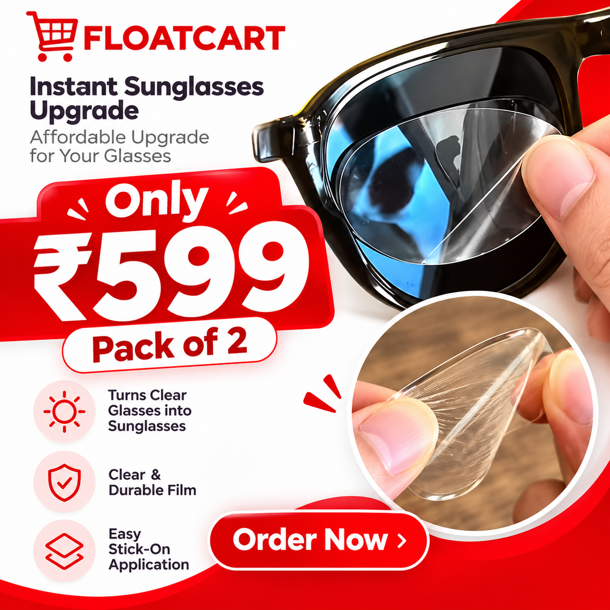 FLOATCART TRANSPARENT STICK-ON SUNGLASSES LENS FILM – PACK OF 2