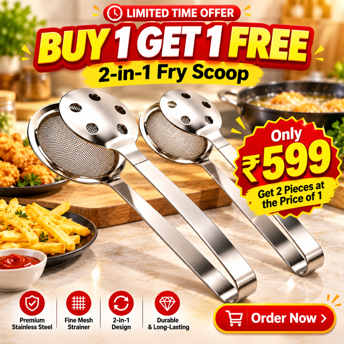 STAINLESS STEEL 2 IN 1 FRYING SCOOP - PACK OF 2 COMBO